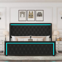 Mercer41 Platform Bed Frame With High Headboard, Velvet Upholstered Bed With Deep Tufted Buttons