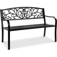 Alcott Hill Alcott Hill® Outdoor Bench Steel Garden Patio Porch Furniture For Lawn, Park, Deck W/Floral Design Backrest,