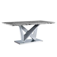 Wrought Studio Modern MDF Faux Marble Dining Table With White Double V-Shaped Supports And Plating Metal Base