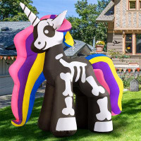 The Holiday Aisle® 5.2FT Tall Halloween Decoration Inflatable Outdoor Standing Rainbow Skeleton Unicorn, Blow Up Yard Wi