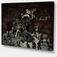Design Art Woman Among Wild Animals - Wrapped Canvas Graphic Art Print