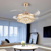 House of Hampton Indoor Crystal Ceiling Fans With LED Lights, 42" Modern Dimmable Fandelier LED Remote Control Retractab