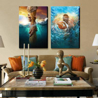 Dovecove 2 Pcs Framed Jesus Wall Art The Hand Of God Jesus Reaching Into Water Christ Religion Canvas Wall Decor Blue Oc