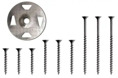 Screws and washers for fastening KERDI-BOARD panels to stud framing