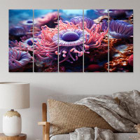 Highland Dunes Purple Pink Marine Animals Harmony - Marine Animals Canvas Wall Art - 5 Equal Panels