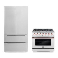 Cosmo 2 Piece Kitchen Package With 36" Freestanding Gas Range With Custom Handle And Knob Kit 36" French Door Refrigerat