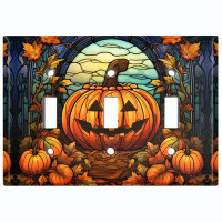 WorldAcc Metal Light Switch Plate Outlet Cover (Halloween Spooky Pumpkin - Triple Toggle)