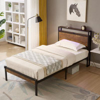 Myhomekeepers Metal Platform Bed Frame With Wooden Headboard And Footboard With USB LINER, No Box Spring Needed,  Under