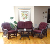 Canora Grey Malibu Lounge Set of 4: 2 Natural Rattan Wicker Chairs Loveseat and Coffee Table w/Glass, Dark Brown