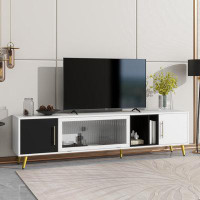 Mercer41 Stylish TV Stand With Golden Metal Handles&Legs, Two-Tone Media Console For Tvs Up To 80", Fluted Glass Door TV