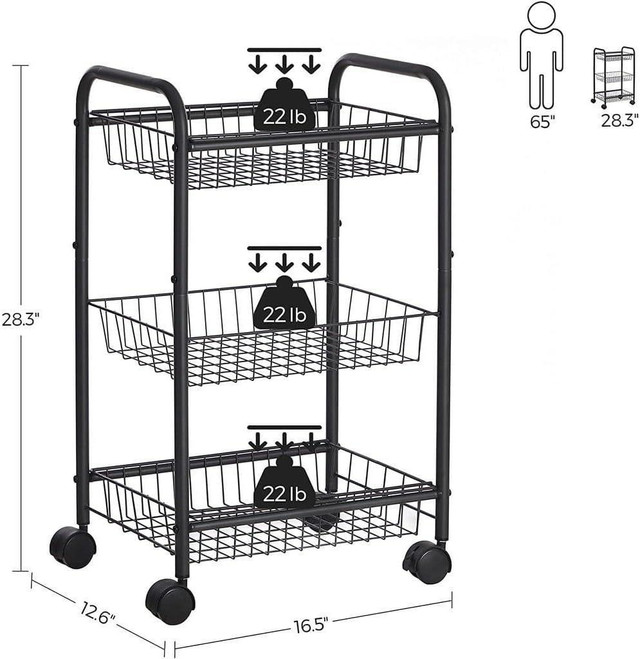 NEW 3 TIER METAL ROLLING STORAGE CART REMOVABLE BASKETS BSC03BK in Other in Winnipeg - Image 3