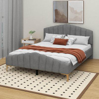 Mercer41 Tyreick Queen Size Velvet Platform Bed with Thick Fabric, Stylish Stripe Decorated Bedboard and Elegant Metal