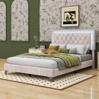 House of Hampton Full Size Upholstered Modern Velvet Platform Bed With LED Lights And Tufted Headboard