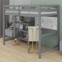 Harriet Bee Full Size Wooden Loft Bed With Shelves, Desk And Writing Board
