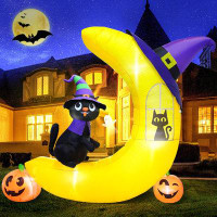 The Holiday Aisle® 6.5FT Halloween Inflatable Decorations Black Cat Sitting On The Moon, Build-In LED Lights Holiday Blo