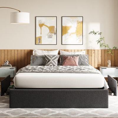 Latitude Run® Grand lit plateforme avec rangement, 3 grands tiroirs sur roulettes, lit plateforme tapissier en tissu, au in Beds & Mattresses in Québec