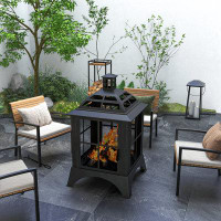 Outsunny 28" Fire Pit with Poker, Chimney Style Wood Burning Firepit, Black