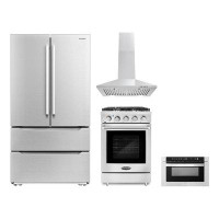 Cosmo 4 Piece Kitchen Package With 24" Freestanding Gas Rang 24" Wall Mount Range Hood 24" Built-in Microwave Drawer & E