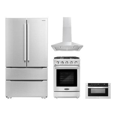 Cosmo 4 Piece Kitchen Package With 24" Freestanding Gas Rang 24" Wall Mount Range Hood 24" Built-in Microwave Drawer & E in Refrigerators