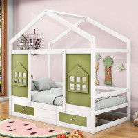 QYUF Twin Wooden House Bed with 2 Drawers and Window