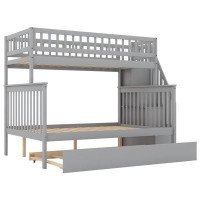 Home Sweet Dream Joy Bunk Bed With Trundle And Staircase,Gray,Twin Over Full