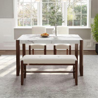 Creationstry Dining Furniture Set, Faux Marble Table and Upholstered Chairs & Bench with Wood Legs