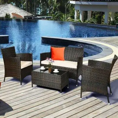 Winston Porter Bryen 4 Pcs Rattan Outdoor Patio Conversation Furniture Set With Glass Table And Comfortable Wicker Secti