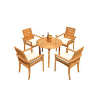 Teak Smith Grade-A Teak Dining Set: 36" Round Table And 4 Algrave Stacking Arm Chairs