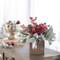 DarbyCreekTrading Winter Red Rose, Snowy Lamb''s Ear & Holiday Berry Faux Floral Christmas Arrangement In Small Wood Box