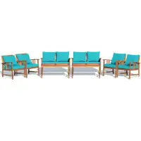 Red Barrel Studio Red Barrel Studio 8pcs Wooden Patio Furniture Set Table & Sectional Sofa W/ Turquoise Cushion