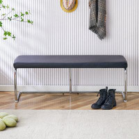 Wrought Studio Black Leather Bench, Silver Metal Legs, Shoe Changing Bench Sofa Bench Dining Chair, Suitable For Bedroom