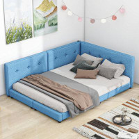 Latitude Run® Upholstered Queen Size platform bed with USB Ports, Blue