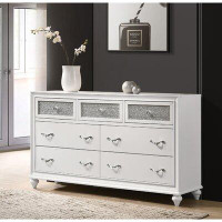 Rosdorf Park 7 Drawers Dresser With Acrylic Crystal Accent, Grey And White