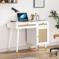 Mercer41 Mercer41 Rattan Vanity Desk With Drawers And Storage, White Makeup Vanity Table Modern Home Office Desk Compute