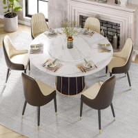 Everly Quinn 59" Modern White Round Faux Marble Dining Table for 6,with Lazy Susan