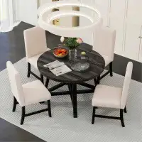 August Grove 5-Piece Dining Table Set, Round Table with Removable Middle Leaf and 4 Upholstered Chairs