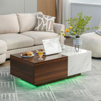 Wrought Studio Hetman White & Walnut Rectangle Wood 24 Colors Led Coffee Table with 2 Drawers