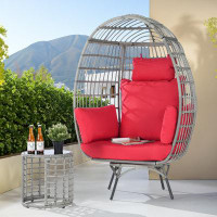 SANSTAR Patio Gray Wicker Swivel Lounge with Side Table, Outdoor Egg Chair with Red Cushions