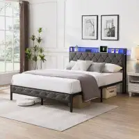 August Grove Upholstered Bed Frame With Storage Headboard, Charging Station And LED Lights
