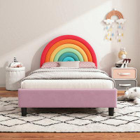 Zoomie Kids Twin Size Upholstered Platform Bed with Rainbow Design headboard