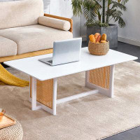 Latitude Run® Solid Wood And Imitation Rattan Coffee Table, Rectangular Solid Wood Coffee Low Table