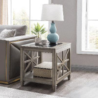 Gracie Oaks End Table Solid Wood And Tempered Glass Top,Antique Grey