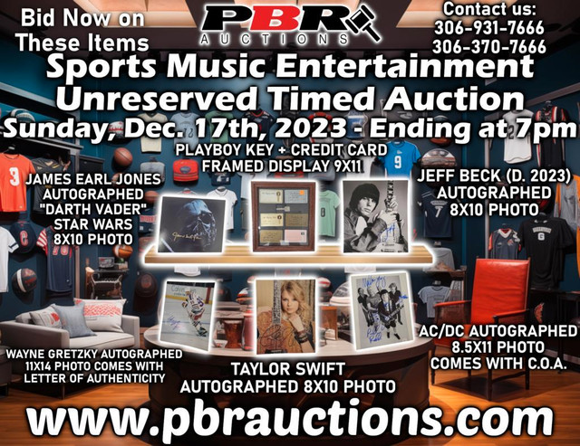 Sports Music Entertainment Unreserved Timed Auction - Sunday, December 17th, 2023 - Ending at 7pm in Arts & Collectibles in Toronto (GTA)