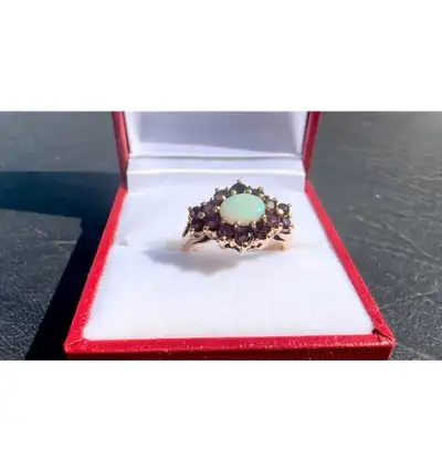 #505 - 10k Yellow Gold, Amethyst & Firey Opal Ring, Size 6 1/2