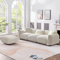 Hokku Designs Mid-century Modern 3-seater Couch With Round Ottoman: Beige Upholstered Sofa And Footrest Stool Set For Li