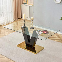 Latitude Run® Large Modern Minimalist Rectangular Glass Dining Table With Glass Tabletop And MDF Slab V-Shaped Bracket A