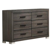 Latitude Run® Lola 57 Inch Wood Dresser, 6 Drawers, Black Metal Bar Handles, Dark Grey