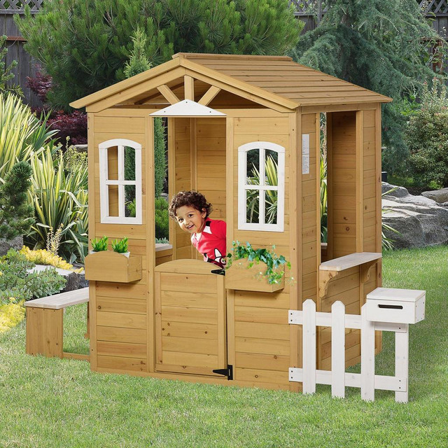 PLAYHOUSE FOR KIDS OUTDOOR WITH DOOR WINDOWS MAILBOX FLOWER POT HOLDER SERVING STATION BENCH NATURAL in Toys & Games - Image 3