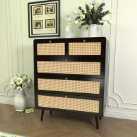 Bay Isle Home™ 4 Drawer Dresser, Modern Rattan Dresser Chest with Wide Drawers and Metal Handles