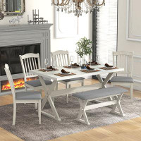 Rosalind Wheeler 6-Piece Rustic Dining Set, Rectangular Trestle Table And 4 Upholstered Chairs & 1 Bench For Dining Room